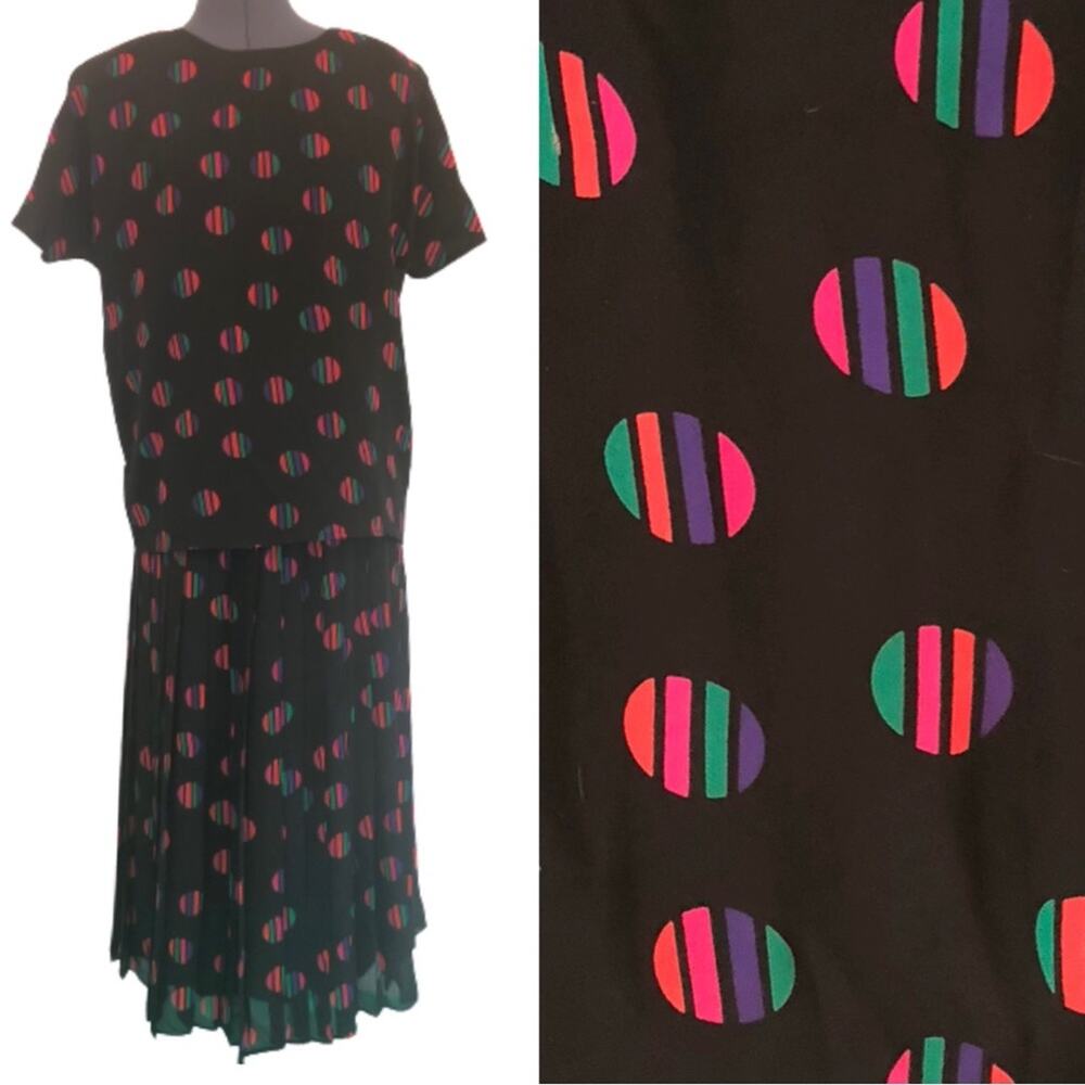 Vintage 70s 80s Polyester Matching Top and Skirt Loose 2 Piece Coord Set Rainbow